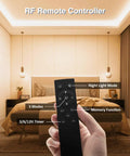 Hand holding remote for Lit 82ft Dimmable 24V White LED Strip Lights in bedroom, showing timer and modes.