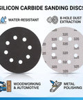 Get A-Grade Silicon Carbide Hook And Loop Sanding Discs With 8 Holes For Fast Wood And Metal Grinding, Includes 200 Pieces Of Durable 5-Inch Pads showing black and white 5-inch disks.