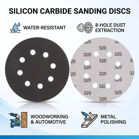 Get A-Grade Silicon Carbide Hook And Loop Sanding Discs With 8 Holes For Fast Wood And Metal Grinding, Includes 200 Pieces Of Durable 5-Inch Pads showing black and white 5-inch disks.