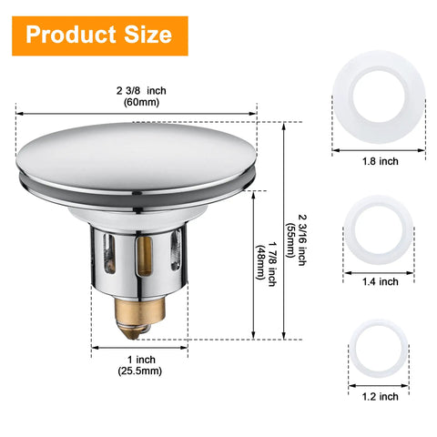 Dimensions of Pop Up Sink Stopper For 1.1 To 1.5 Inch Drains, Stainless Steel Hair Catcher Drain Filter, Anti Clog Plug
