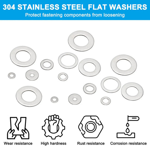 304 Stainless Steel Fender Washers Set, 10 Pack, Flat Washers 3/4 Inch ID X 1 1/3 Inch OD X 0.12 Inch Thick, various sizes displayed
