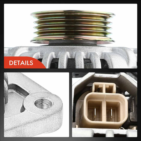 Close-up of Replacement Alternator For Mazda Protege And Protege5 1999 2000 2003 12V 80A with 4 Groove Pulley and electrical connector