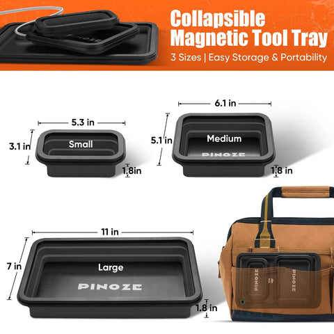 Collapsible Magnetic Parts Tray Organizer Set with 3 sized trays and a 12 inch flexible magnetic pickup tool, shown in black.