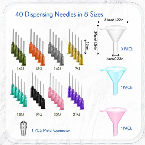 Pro Grade Pottery Tools Kit 102 Piece Ceramic Precision Applicator Set With Squeeze Bottles Multiple Nozzles 40 Needles Filling Funnels Metal Connector And Unclog Pins For Fine Glaze Work, 40 dispensing needles in 8 sizes