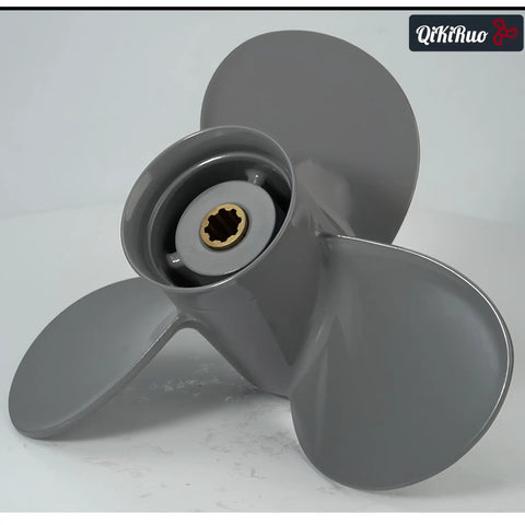 Beefy Aluminum Boat Propeller Nine And A Quarter By Ten Inch And Nine And A Quarter By Eight Inch For Honda Outboard Motors 9.9 15 20HP Eight Tooth Right Hand Rotation OEM 58130 ZV4 010AH gray close-up