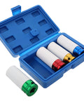Ditch The Guesswork With These 4pc Drive Lug Nut Sockets That Protect Your Rims Like A Boss. Colorcoded Impact Non-Marring Deep Thin Wall Sockets Make Wheel Repair And Tire Maintenance A Total Breeze For Any Car Owner Looking To Save Serious Cash Today. 4-piece color-coded lug nut socket set in blue case, non-marring impact steel
