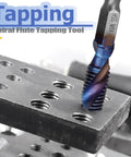 HSS tap drill bit, blue-coated, hex shank, close-up tapping a threaded hole in metal block; 6-piece M3–M10 set.