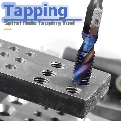 HSS tap drill bit, blue-coated, hex shank, close-up tapping a threaded hole in metal block; 6-piece M3–M10 set.