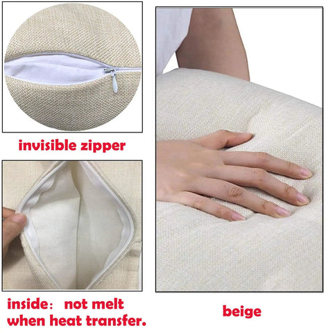 Close-up of 4 Pack Sublimation Linen Pillow Covers 18x18 Inches showing invisible zipper and durable fabric