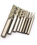 End mill set, 8pcs HSS, 4-flute square-nose end mills with straight shanks, imperial sizes 1/16–1/2 in