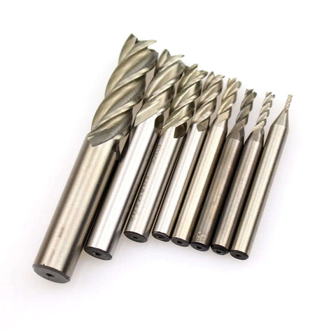 End mill set, 8pcs HSS, 4-flute square-nose end mills with straight shanks, imperial sizes 1/16–1/2 in