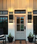 Two Pack Dusk To Dawn Outdoor Wall Lights Up And Down Sconce Black Aluminum Waterproof Exterior Porch Lights 3000K Warm White No Fuss Auto On Off Sensor For House Doorways installed on porch