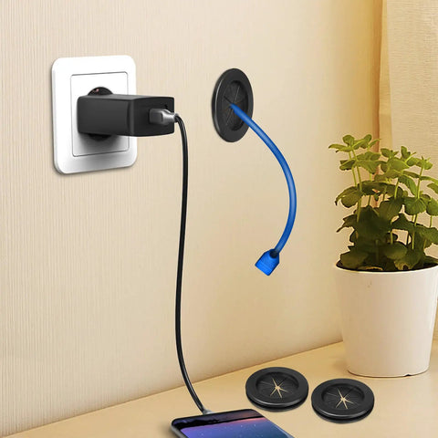Six Pack Rubber Wire Grommet Kit With Dual Sided Design For Wear Resistant Organized Cable Management And Easy Desk Hole Covers For Home Office Wire Protection And Cord Management. black rubber desk grommet with cables in wall and tabletop