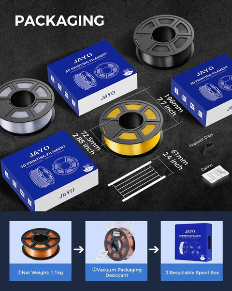 Packaging of Silk PLA Filament 1.75mm Silver 1.1Kg Spool with boxes and accessories