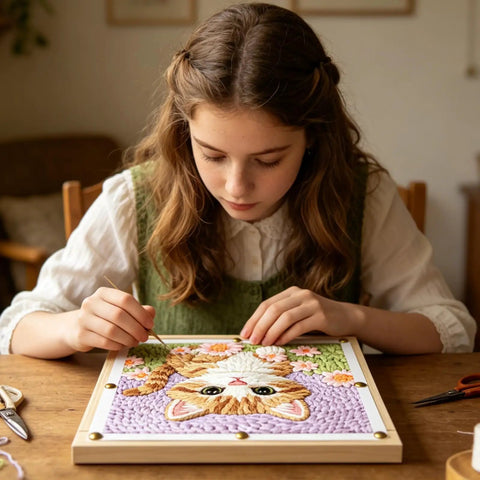 Girl using Six Frame Sizes Needlepoint Stretcher Bar Kit With 12 Premium Wooden Frames In Six Eight And Twelve Inch Sizes Plus 100 Tacks Rubber Mallet And Pry Tool For Embroidery And Cross Stitch Perfect For Beginners And DIY Crafters to create cat design