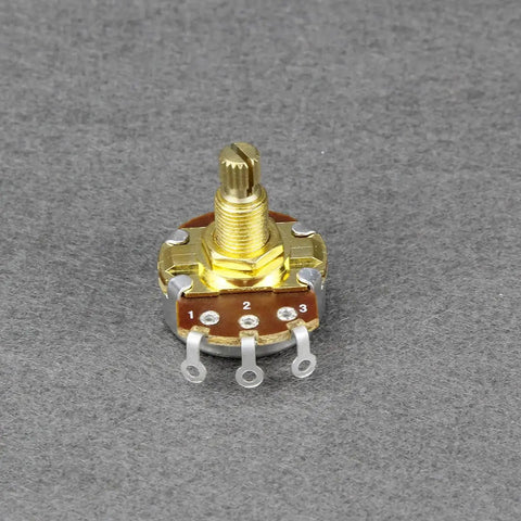 4 Pack B500K Guitar Pots 18mm Shaft Linear Taper Tone Potentiometers in golden color, close-up of split shaft with knurled grip