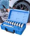 Heavy Duty Aluminum Wheel Bearing Puller Press Kit With Anti Slip Handle For Quick Removal And Installation On Common Tire Sizes worker using blue aluminum set