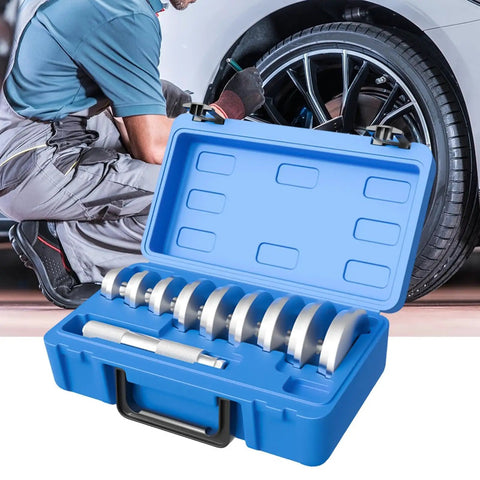 Heavy Duty Aluminum Wheel Bearing Puller Press Kit With Anti Slip Handle For Quick Removal And Installation On Common Tire Sizes worker using blue aluminum set