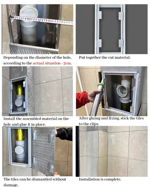 Hidden Tile Access Panel Aluminum Wall Inspection Cover 36X36 Inch installation steps showing gluing and tile placement process.