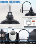 Product features of Two Pack Motion Sensor Outdoor Barn Lights Dusk To Dawn Gooseneck 12 Inch Black Wall Mount Porch Lighting