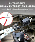 Automotive relay extraction pliers close-up, showing quick release and comfort grip for car electrical disconnects