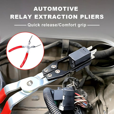 Automotive relay extraction pliers close-up, showing quick release and comfort grip for car electrical disconnects