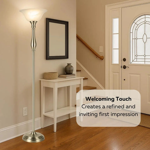 72 Inch Torchiere Floor Lamp With Brushed Nickel Finish And White Alabaster Glass Shade in a stylish entryway corner