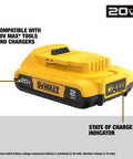 Compact 20V Max Lithium Ion Battery Twin Pack 2.0Ah with LED charge indicator side view for 20V MAX tools.