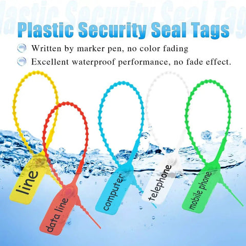 105 Piece Colorful Security Zip Ties Set With Self Locking Tamper Seal Tags In Red Yellow Blue Green And White For Fire Extinguishers First Aid Kits Luggage And More Plus Five Black Marker Pens
