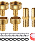 Four Pack One Half Inch Garden Hose Repair Connector Kit With Male And Female Fittings Tape Stainless Steel Clamp And Three Quarters Inch Rubber Gasket For Leak Free DIY Hose Fixes No Mess Quick Fix displayed with components on white background.