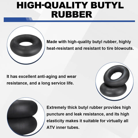 Two Pack 25x8x12 ATV UTV Inner Tubes Heavy Duty Butyl Rubber With TR6 Metal Valve Stem Features and Benefits Diagram