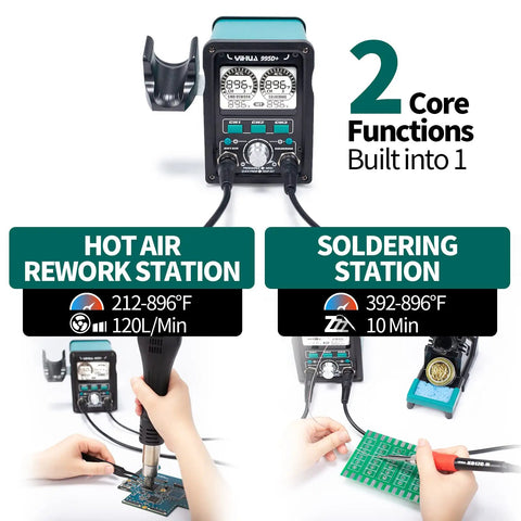 2 In 1 Soldering And Hot Air Station Kit With 110W Soldering Iron, LCD Display shown in use for precision soldering and rework