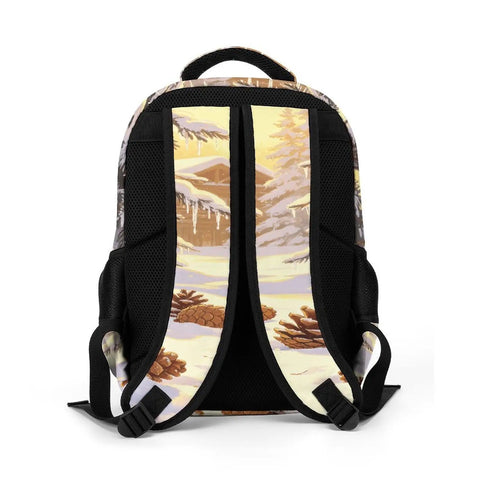 Back view of Winter Pine Landscape Backpack Unisex Daypack with large capacity, durable polyester, breathable design, adjustable straps.