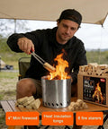 Man using tongs with Mini Fire Stick Kit With Fire Starter And Tongs Kiln Dried Pine Firewood Four Inch Sticks camping stove setup.