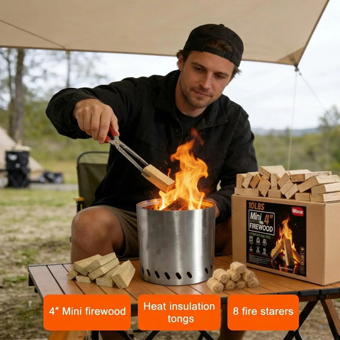 Man using tongs with Mini Fire Stick Kit With Fire Starter And Tongs Kiln Dried Pine Firewood Four Inch Sticks camping stove setup.