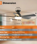 42 Inch Low Profile Ceiling Fan With Light And Remote Dope Airflow, Flush Mount, Reversible Blades, Dimmable 3 CCT LED, Quiet Black Indoor Outdoor Ceiling Fan For Bedroom And Living Areas shown with dimensions and specifications including output, airflow, motor type, and room size compatibility.