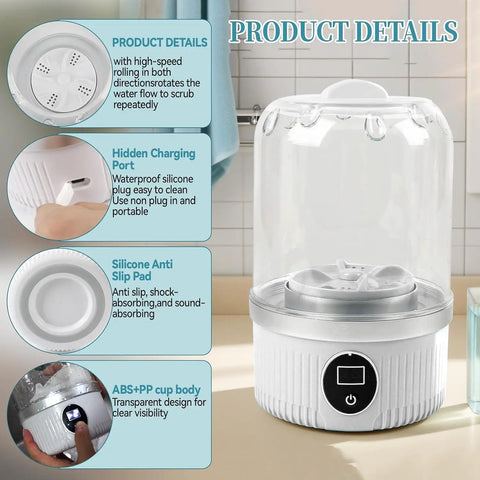 Portable Mini Washing Machine Cordless USB Rechargeable 15W Motor Pocket Travel BFF features silicone anti-slip pad and clear design.