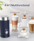 4 In 1 Electric Milk Frother And Warmer for Lattes Cappuccinos Macchiatos Hot Chocolate And Matcha with drinks shown in glass cups