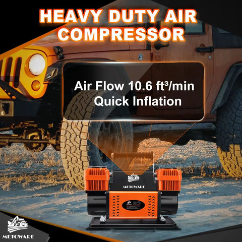 Heavy Duty 12V Portable Air Compressor Featuring A Badass 10.6 CFM Dual Cylinder Pump with 10.6 ft³/min airflow for quick tire inflation.