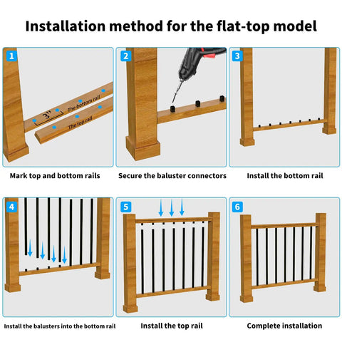Installation method for Pro Grade 120 Pack 26 Inch Square Aluminum Deck Balusters In Slick Black With No Sweat Adjustable Angle Connectors.