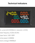 Power Detector Multi Function Meter With LCD Display for AC 40-300V and 0-99.99A showing voltage and frequency readings