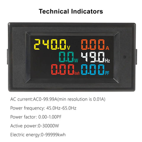 Power Detector Multi Function Meter With LCD Display for AC 40-300V and 0-99.99A showing voltage and frequency readings