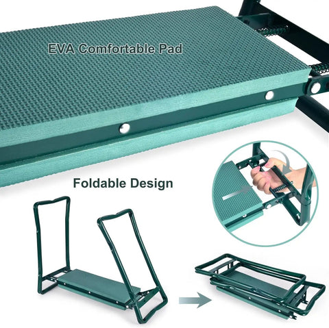 Versatile Garden Kneeler And Seat With Soft Kneeling Pad And Tool Pouches For Easy And Comfortable Kneeling Or Sitting While Gardening Grab And Go Portable Bench With Handles For Men Women And Seniors, foldable design with green EVA pad.