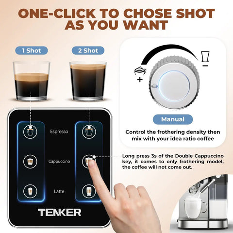 Smooth Operator 20 Bar Espresso Machine With Automatic Milk Frother And Snappy Touchscreen control panel showing drink options.