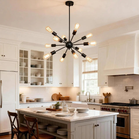 Sputnik 12-Light Black Chandelier for Living Room and Dining Area in a bright kitchen above a white island with modern decor.