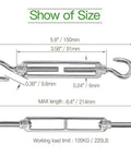 Diagram of Six Pack M6 Hook And Hook Turnbuckles Set For Cable Railing And Wire Rope Tensioning In 304 Stainless Steel with dimensions