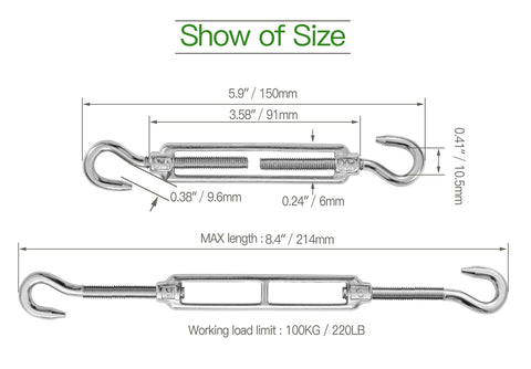 Diagram of Six Pack M6 Hook And Hook Turnbuckles Set For Cable Railing And Wire Rope Tensioning In 304 Stainless Steel with dimensions
