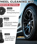 Wheel Hub Resurfacing Kit For Lug Studs And Brake Rotors With Pro Grade Rust Removal, cleaning pads and adapter shown