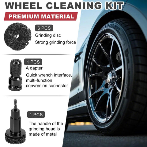 Wheel Hub Resurfacing Kit For Lug Studs And Brake Rotors With Pro Grade Rust Removal, cleaning pads and adapter shown