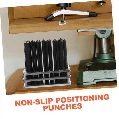 Essential Cylindrical Punch Set For Woodworking And Metalworking, shown on workbench with press tool, ergonomic hand tools
